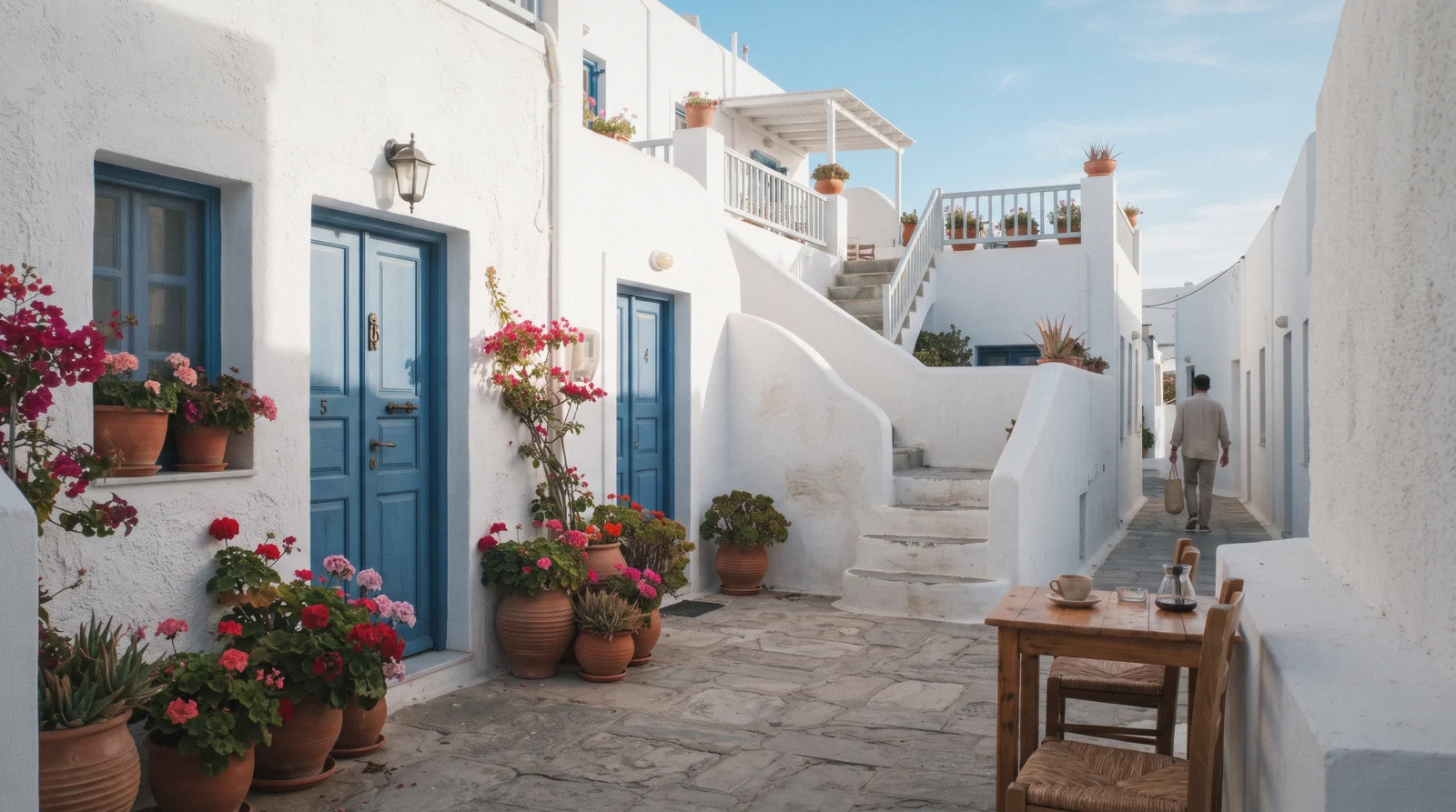 A simple whitewashed guesthouse courtyard in Perissa with blue doors, cheap hotels santorini, Santorini Greece