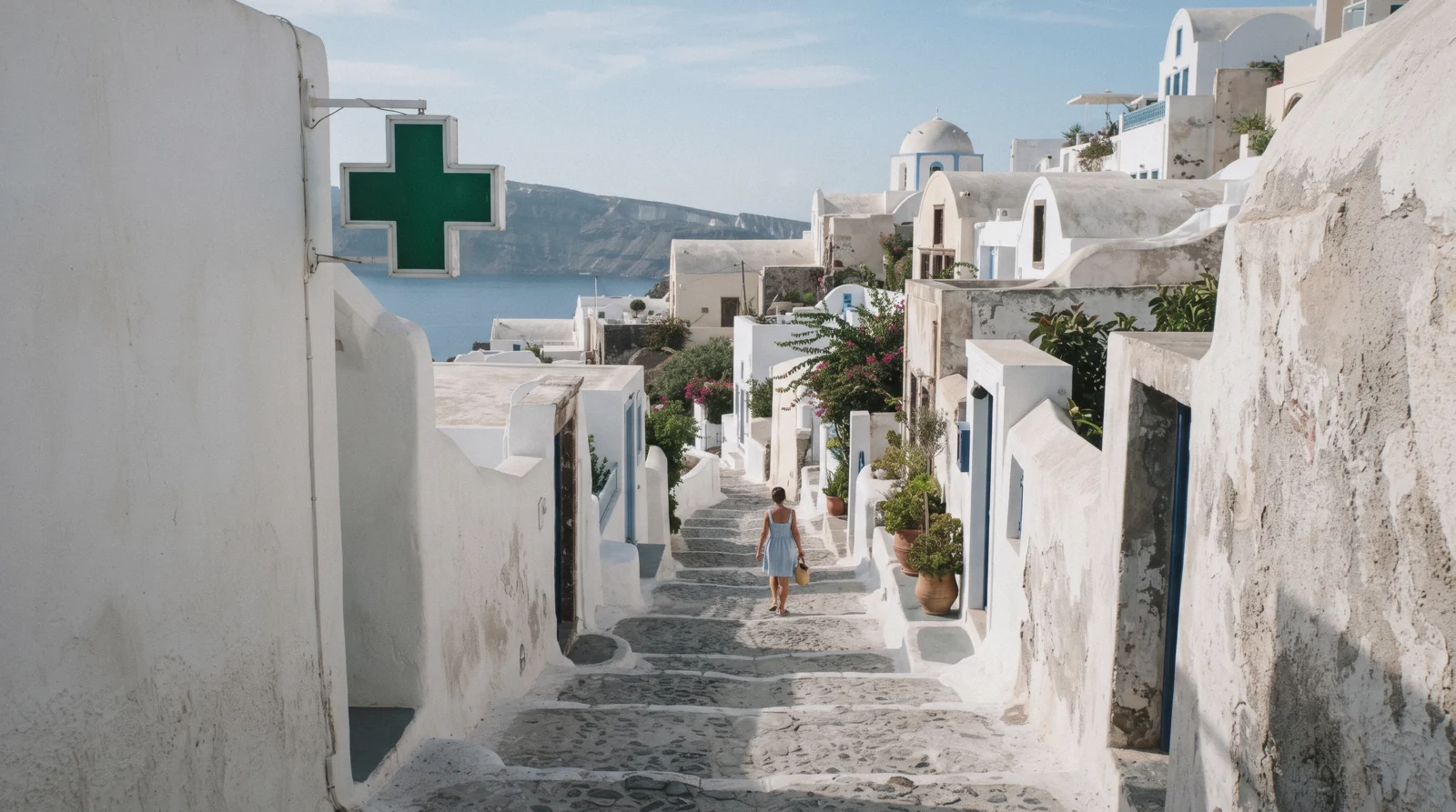 A quiet whitewashed lane in Fira at 10:00 with a pharmacy-style green cross sign unbranded and no readable text, is santorini safe, Santorini Greece