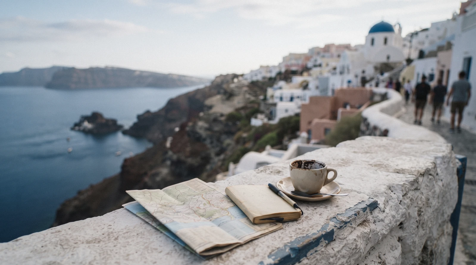 A paper map and a small notebook on a whitewashed wall ledge in Firostefani at 08:00, santorini travel tips, Santorini Greece