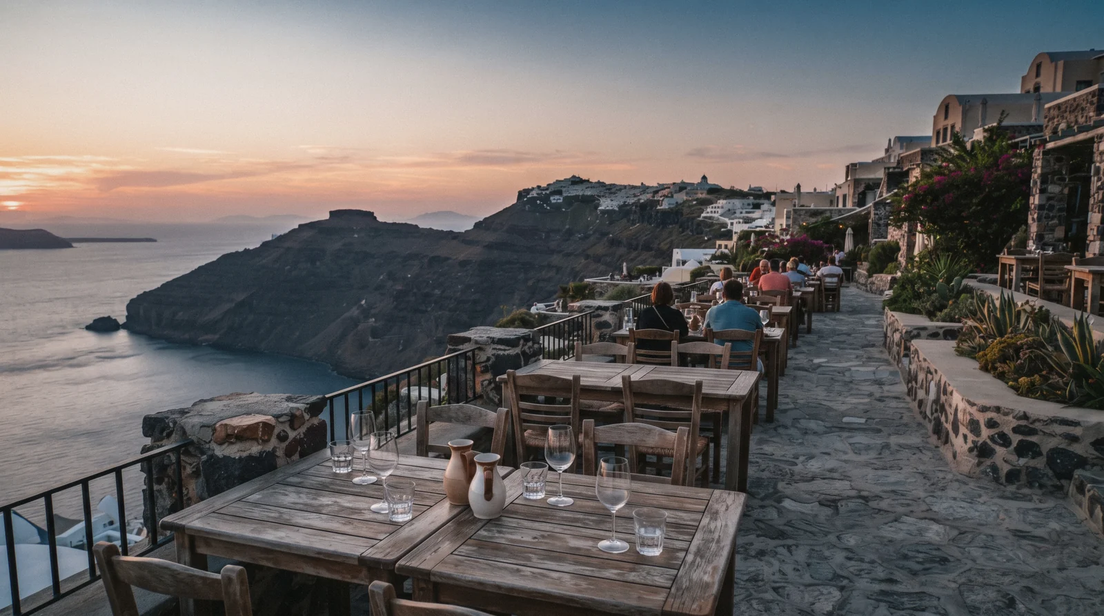 A wide winery terrace on the caldera edge near Pyrgos at 19:00, santo wines, Santorini Greece