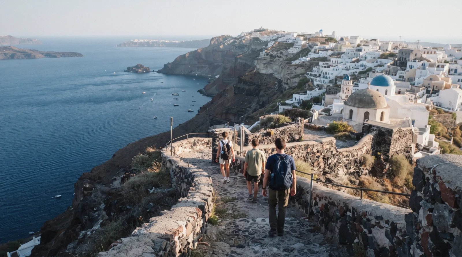 Three travellers seen from behind walking the caldera path at 08:00, santorini itinerary, Santorini Greece
