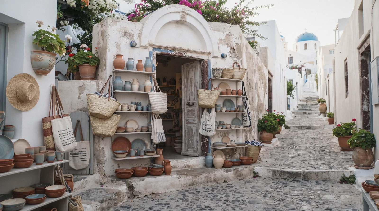 A small shop doorway in Oia with handmade ceramics and woven bags on display, santorini shopping, Santorini Greece