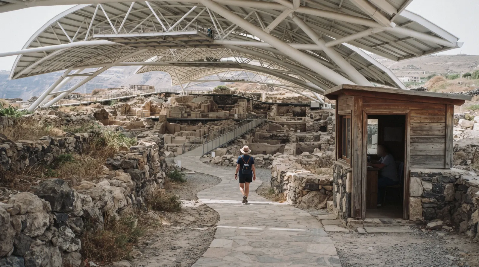 The shaded entrance path of the Akrotiri archaeological site in the late morning, santorini tickets, Santorini Greece