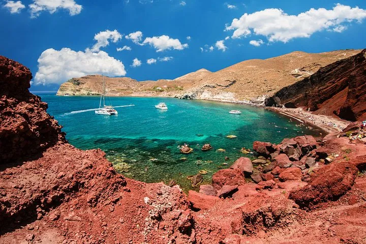 Excavated street at Akrotiri on an archaeological bus tour with Red Beach, Santorini Greece