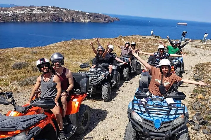 ATVs on a dirt track above the south coast on a guided Santorini ATV experience, Santorini Greece