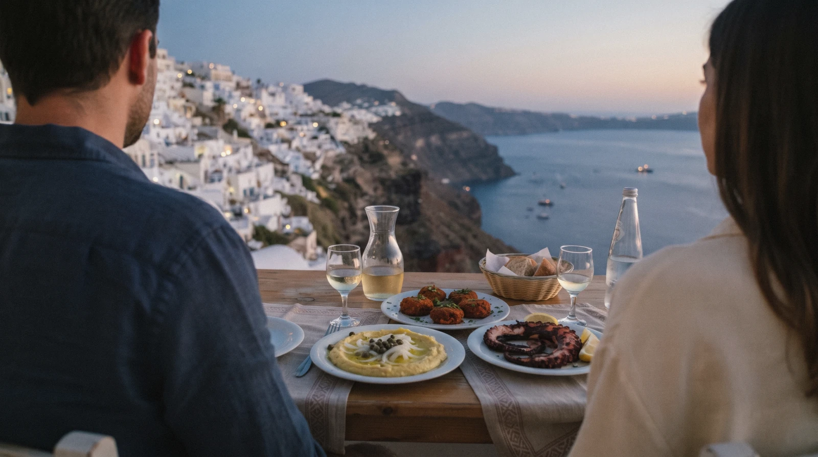 A simple taverna table on a terrace in Fira at dusk with plates of fava, santorini restaurants, Santorini Greece