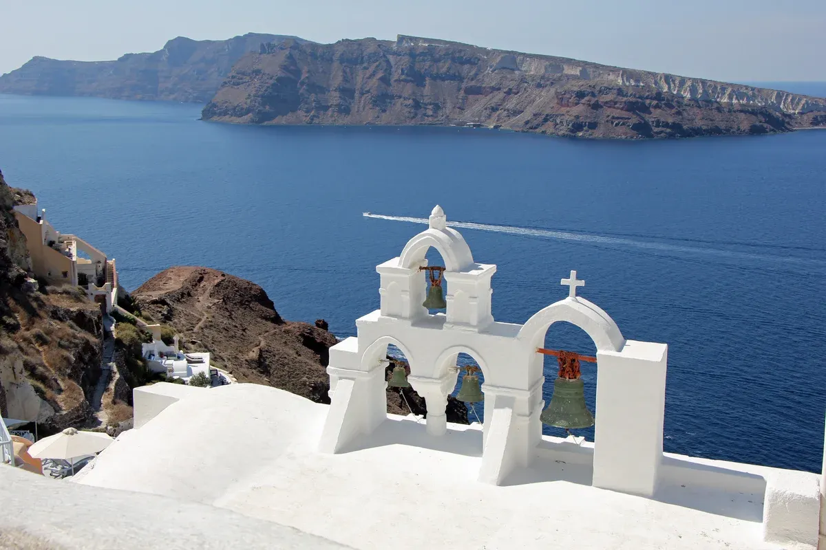 Bells above the caldera in Oia, Santorini Greece